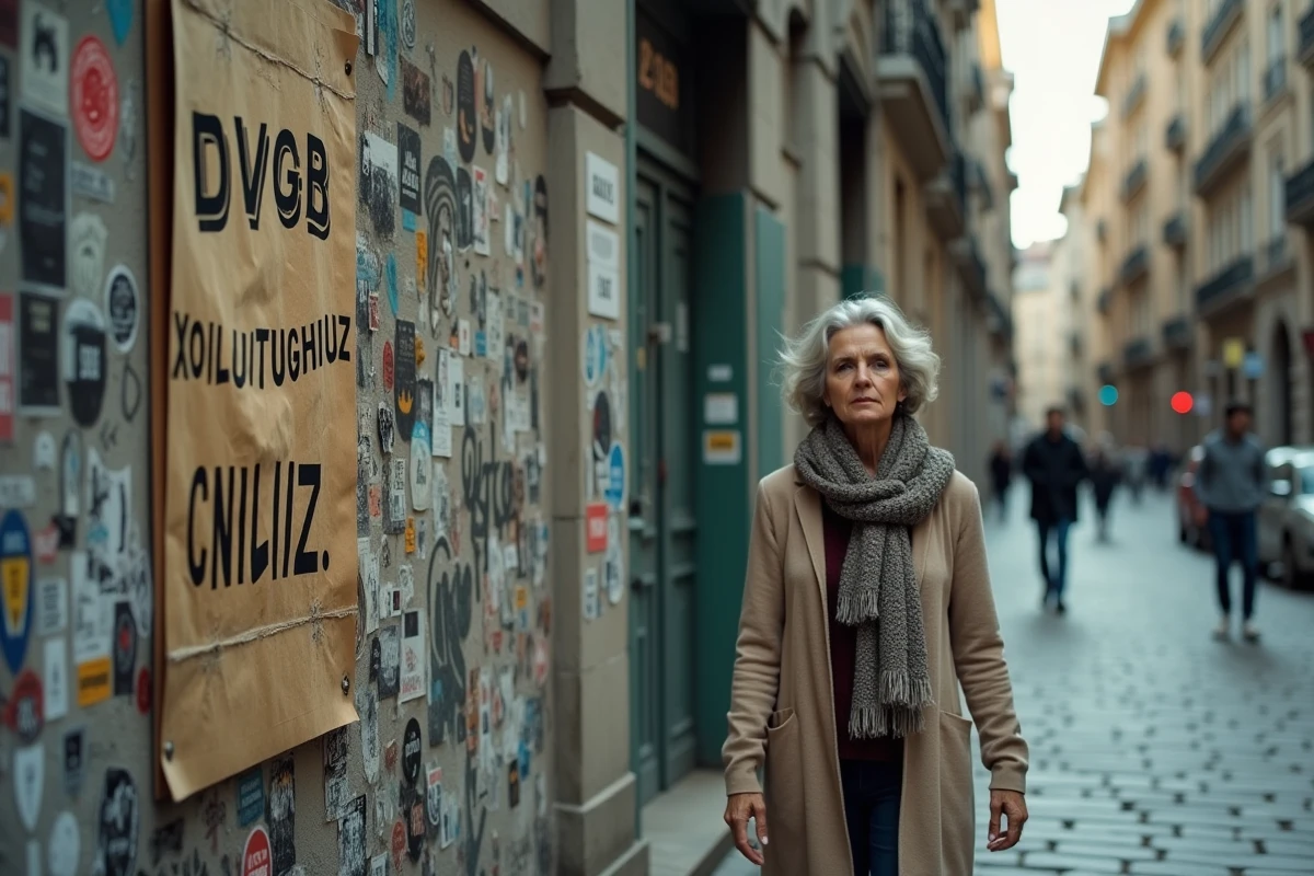 Femme dans la rue urbaine avec affiche cryptique