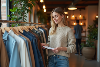 Jeune femme examine une étiquette de vêtement écologique en boutique