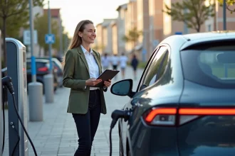 Femme souriante à côté d'une voiture électrique à Valence