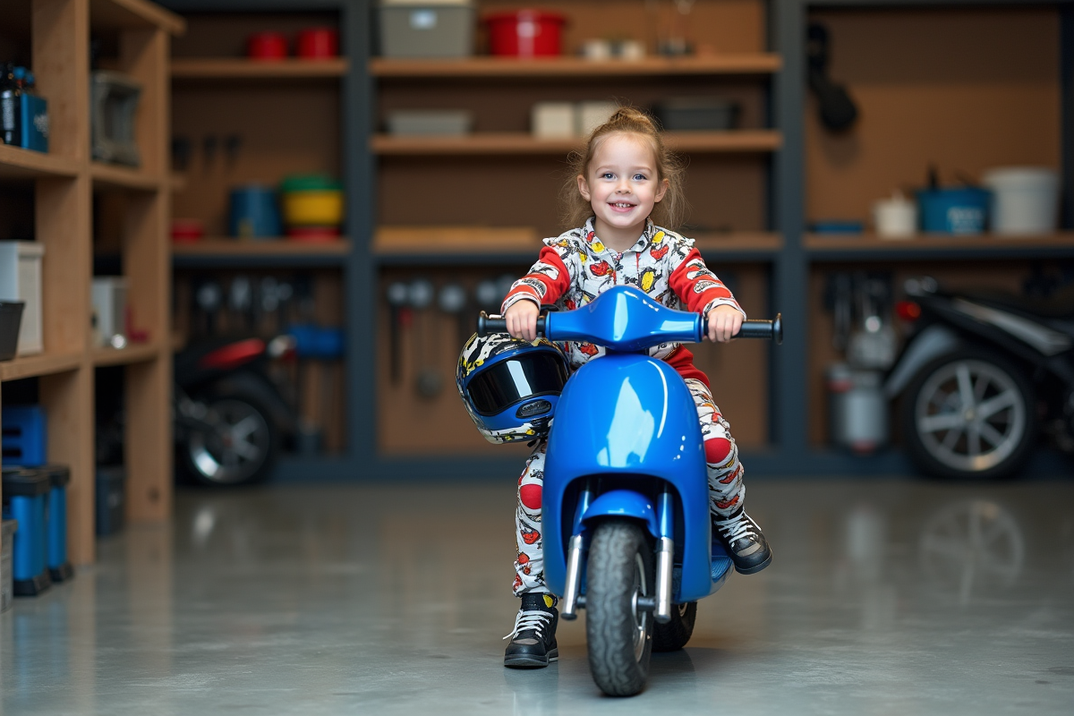Jeune fille avec casque et mini moto dans un garage