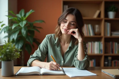 Femme francophone étudiant les expressions anglaises pratiques avec un carnet de notes et un manuel ouvert dans un bureau à domicile