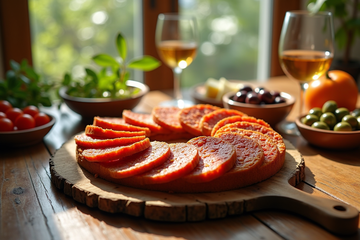 Gâteau salé au chorizo tranché sur une planche en bois rustique