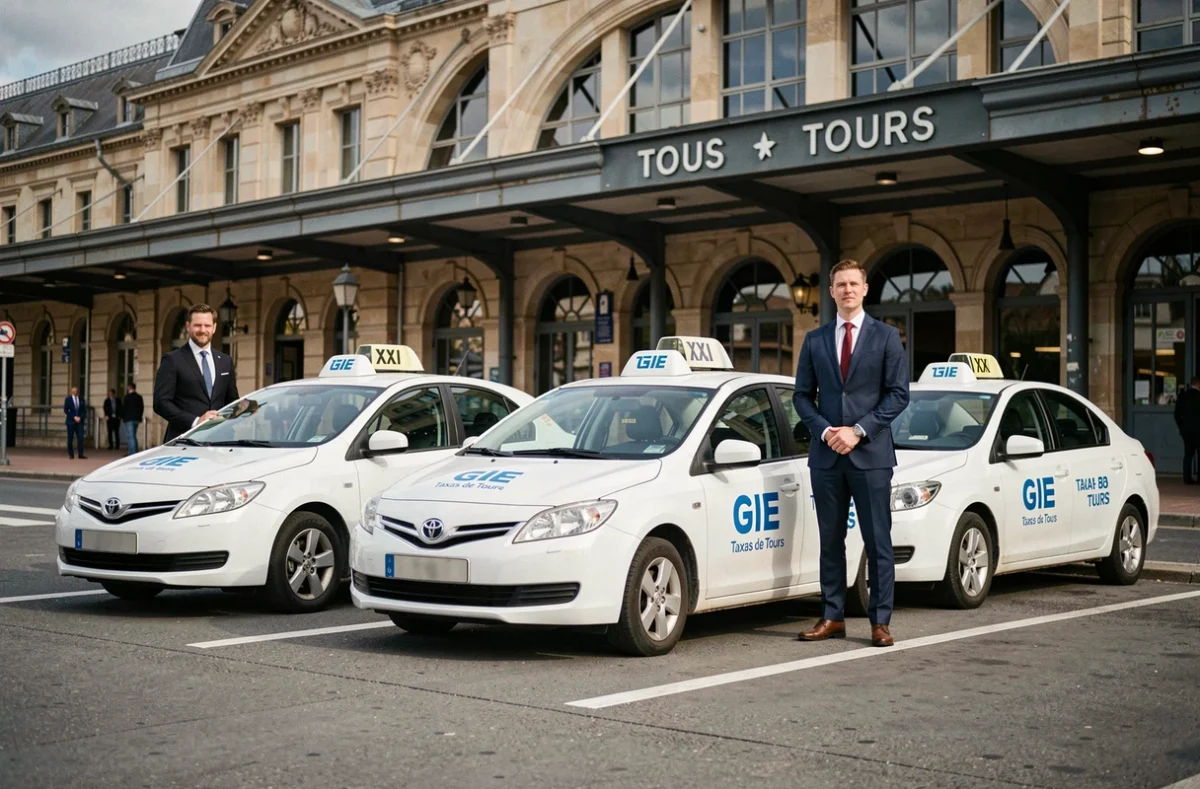 Flotte de taxis GIE Taxis de Tours alignés devant la gare de Tours