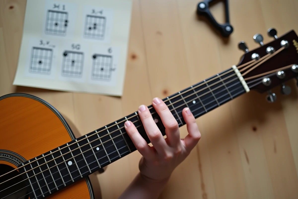 Gros plan sur de petites mains adultes formant un accord B7 simplifié sur le manche d'une guitare électro-acoustique