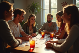 Groupe d'amis jouant aux cartes dans un cadre convivial