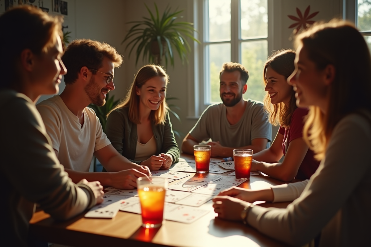 Groupe d'amis jouant aux cartes dans un cadre convivial