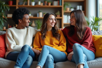 Trois jeunes adultes discutent dans un salon convivial