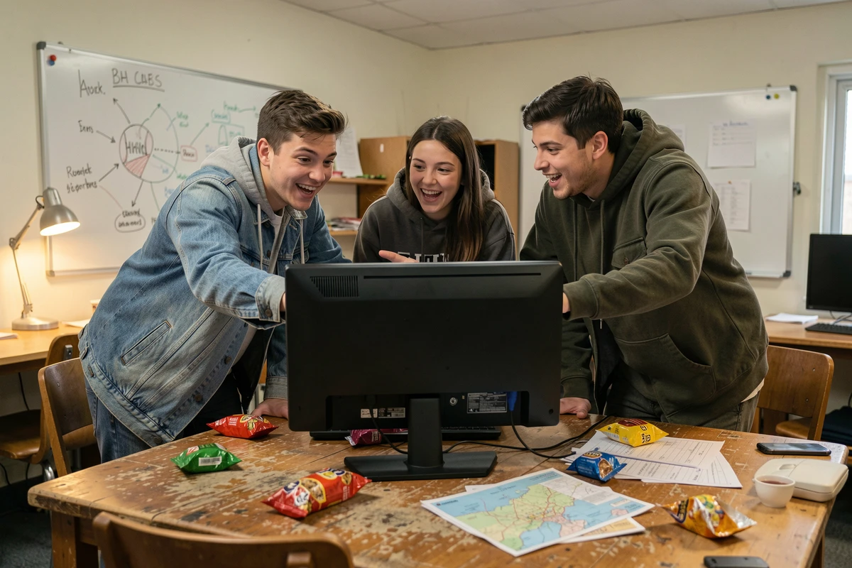 Groupe de joueurs analysant ensemble une stratégie de League of Legends sur un écran dans une salle commune