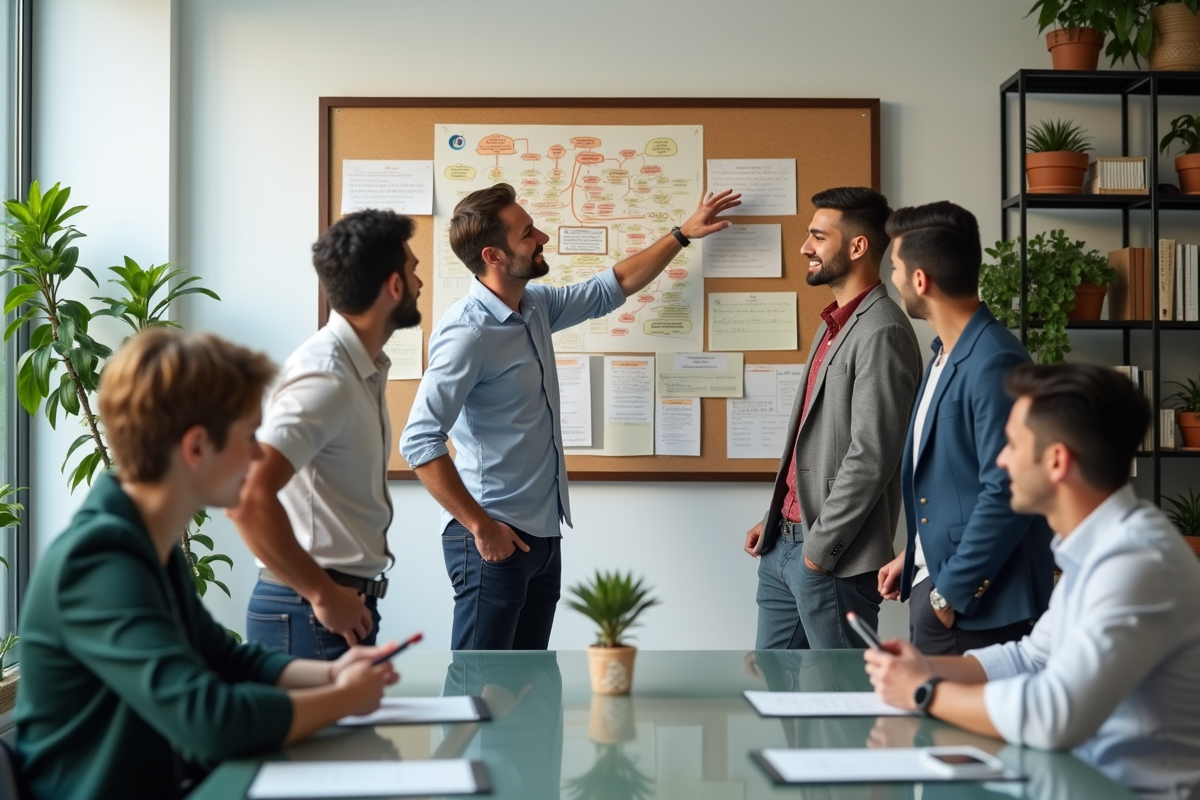 Groupe de jeunes professionnels discutant autour d