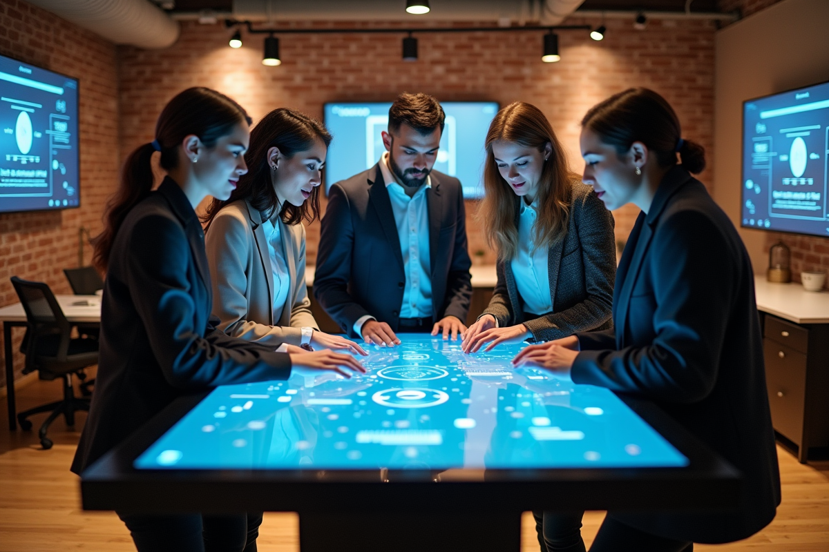 Groupe de jeunes passionnes de technologie collaborant sur un tableau digital