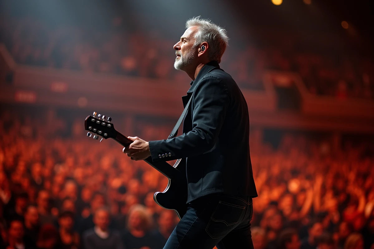 Guitariste masculin en plein concert dans une arène couverte de Lyon lors d'une tournée internationale 2026
