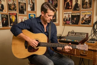Guitariste en studio enregistrant les accords d'une chanson de Téléphone sur une guitare acoustique