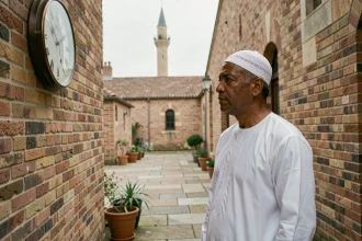 Homme en djellaba blanche regardant une horloge murale dans une cour de mosquée à Roubaix, illustrant les horaires de prière changeants