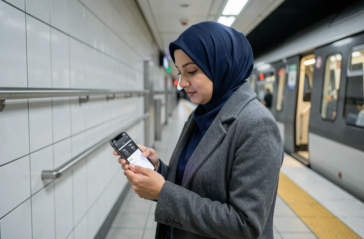 Femme en hijab consultant les horaires de prière sur mobile dans une station de métro à Toulouse