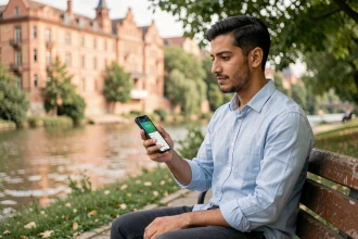 Homme consultant une application d'heure de prière sur smartphone dans un parc de Toulouse avec architecture en brique rose en arrière-plan