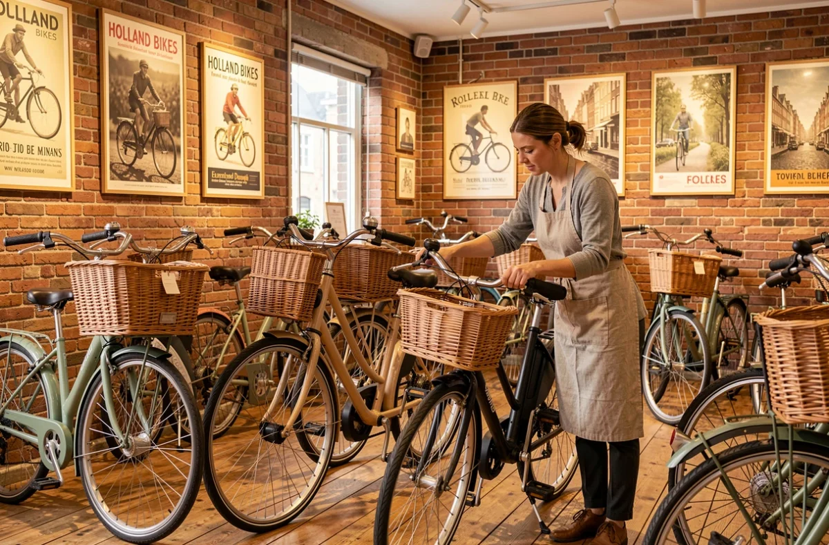 Boutique Holland Bikes avec vélos hollandais et électriques exposés dans un cadre chaleureux