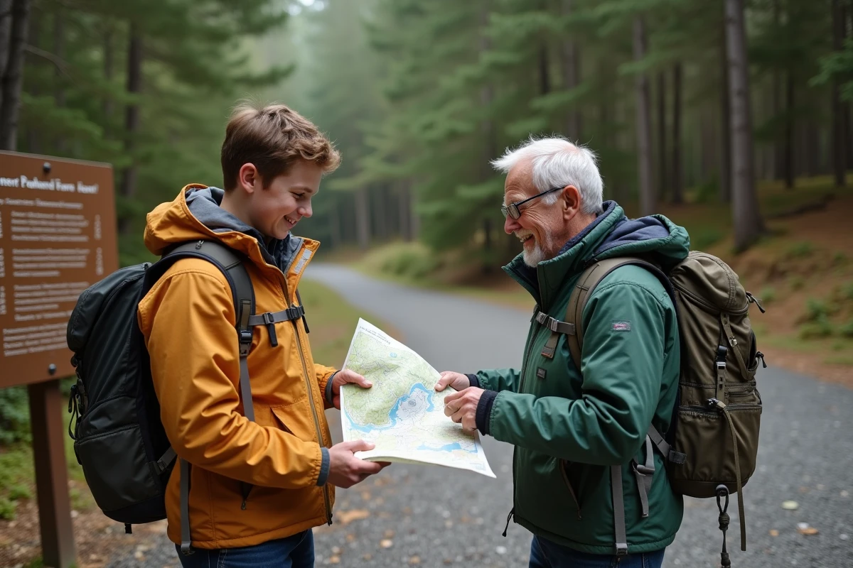 Homme et adolescent consultant une carte en forêt