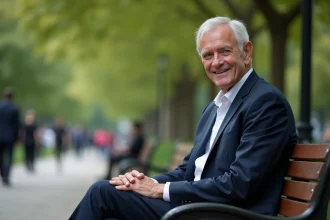 Homme âgé en costume dans un parc urbain en plein air