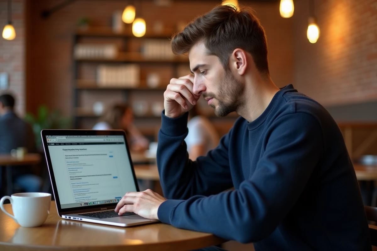 Homme consultant des alternatives à un service en ligne dans un café avec un ordinateur portable