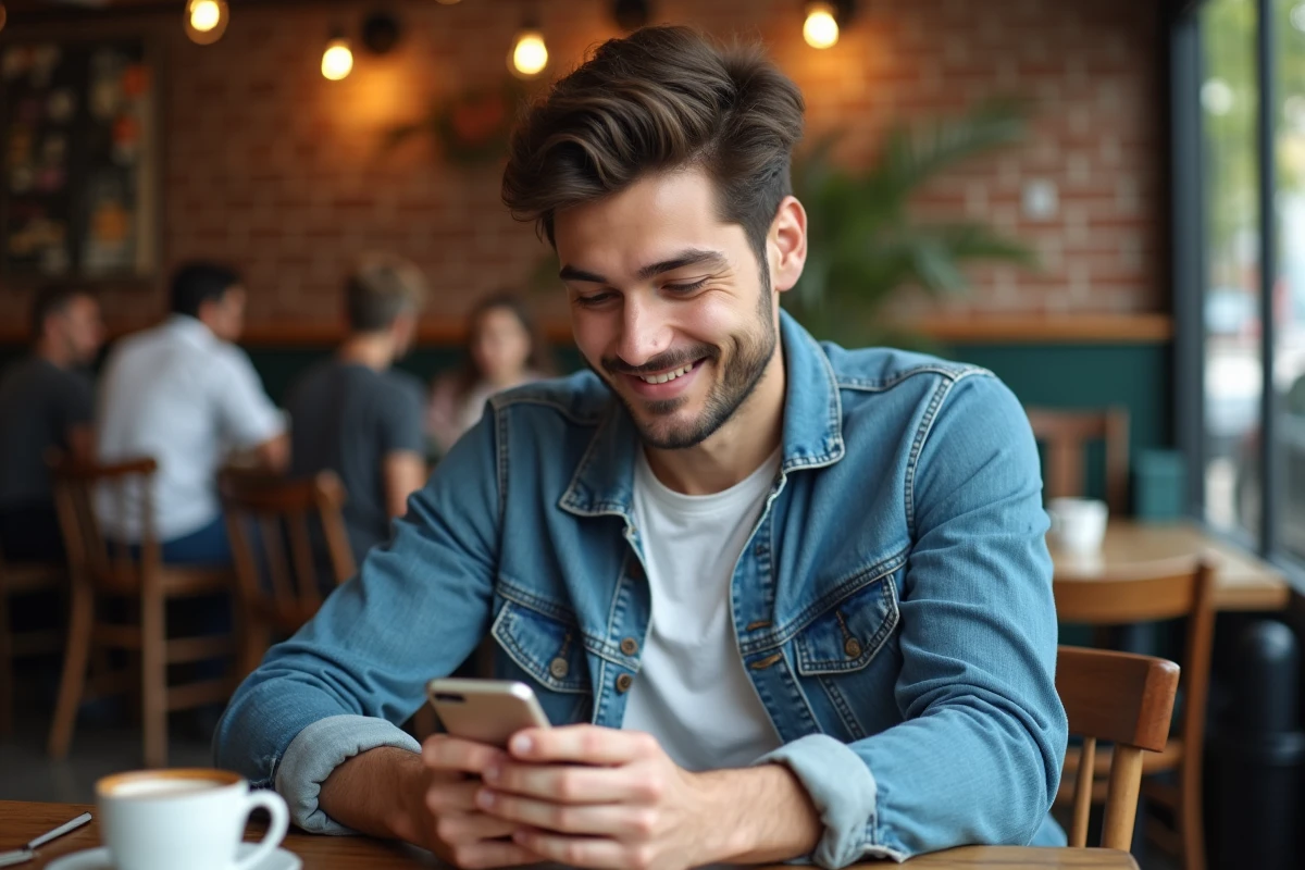 Jeune homme vérifiant le prénom du jour à fêter sur son smartphone dans un café urbain