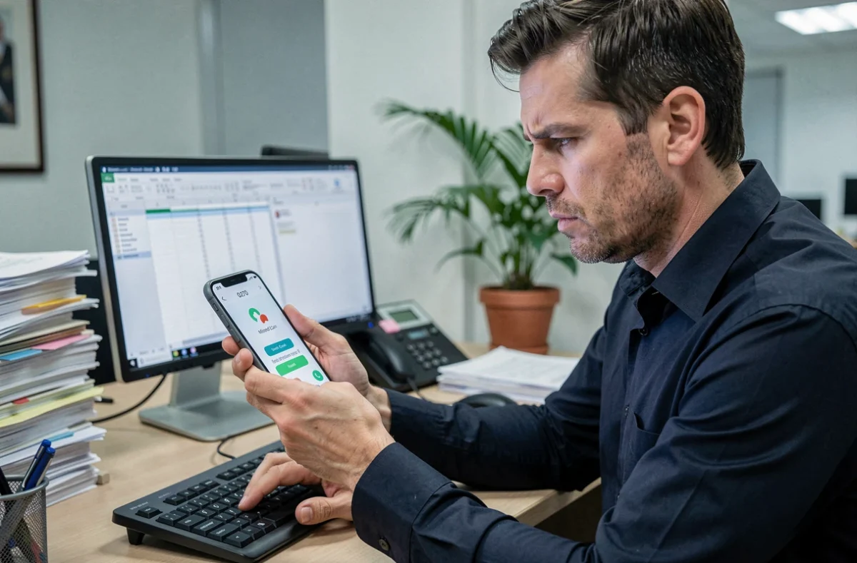 Homme au bureau regardant avec méfiance une notification d'appel manqué avec le préfixe téléphonique 0270