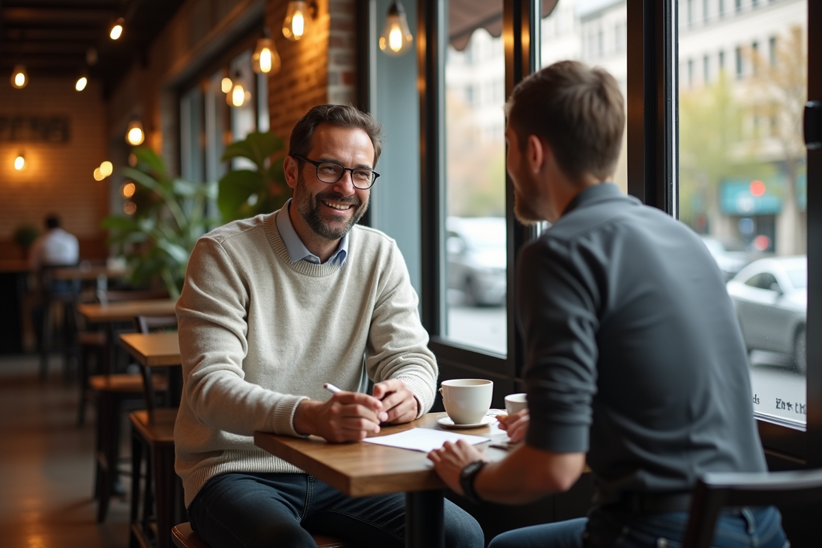 Homme souriant discutant avec un serveur dans un café convivial