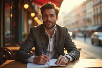 Homme pensif avec sourire dans un café ensoleille