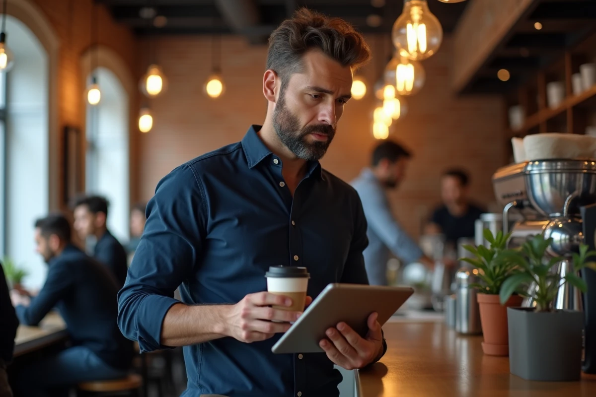 Homme dans un café urbain découvrant un buzz viral sur sa tablette numérique