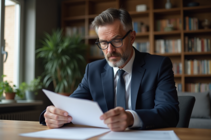 Homme d'âge moyen en costume bleu lisant un contrat immobilier