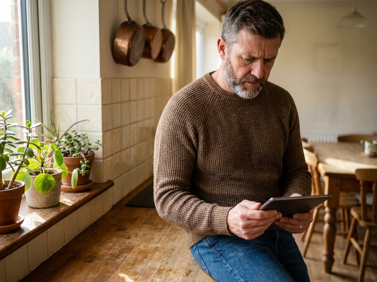 Homme d âge moyen utilisant une tablette dans la cuisine