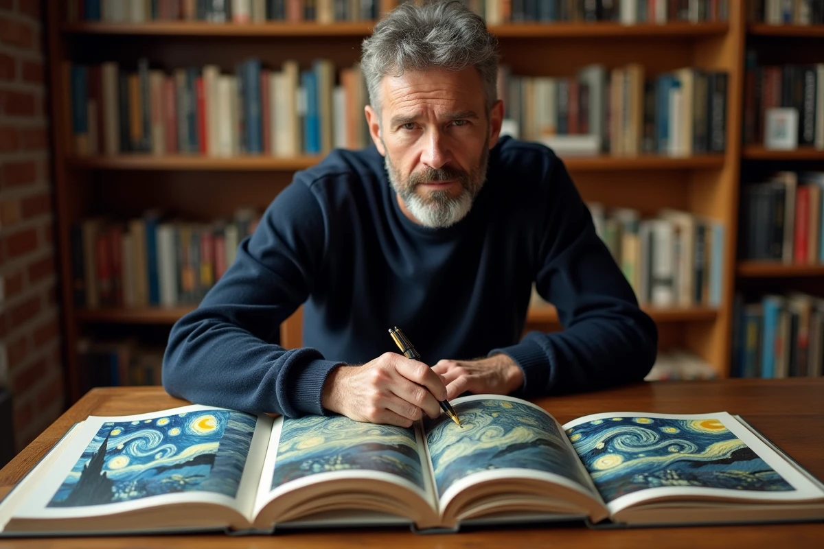 Homme étudiant des livres d'art sur les peintures célèbres dans une librairie, guide visuel pour débutants en histoire de l'art