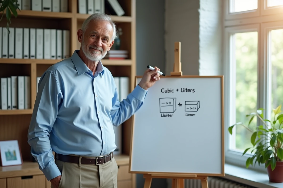 Homme d age expliquant une formule de conversion dans un bureau organisé
