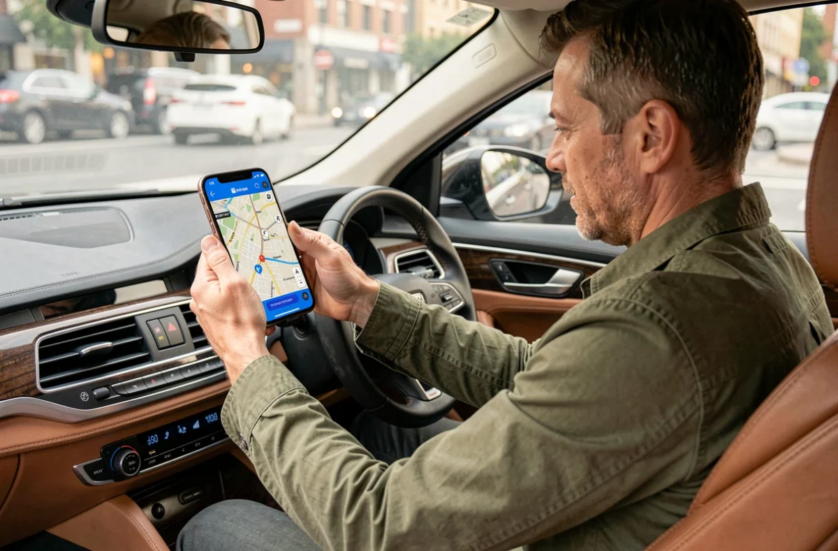 Homme utilisant le GPS de son téléphone fixé sur le tableau de bord d'une voiture
