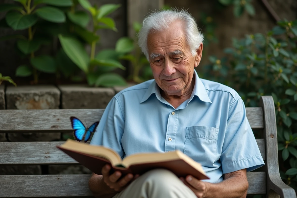 Homme âgé observant un papillon dans un jardin paisible