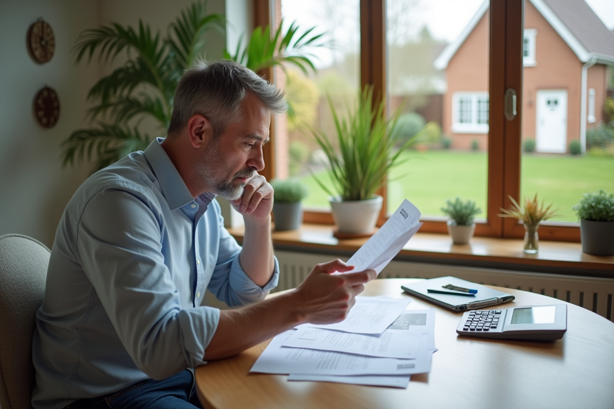 Homme d'âge moyen en jeans et chemise examine un document