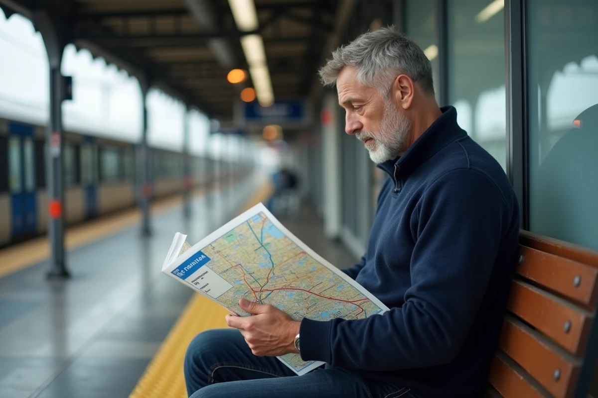 Homme assis sur un quai de RER en train de lire un plan papier des lignes ferroviaires parisiennes