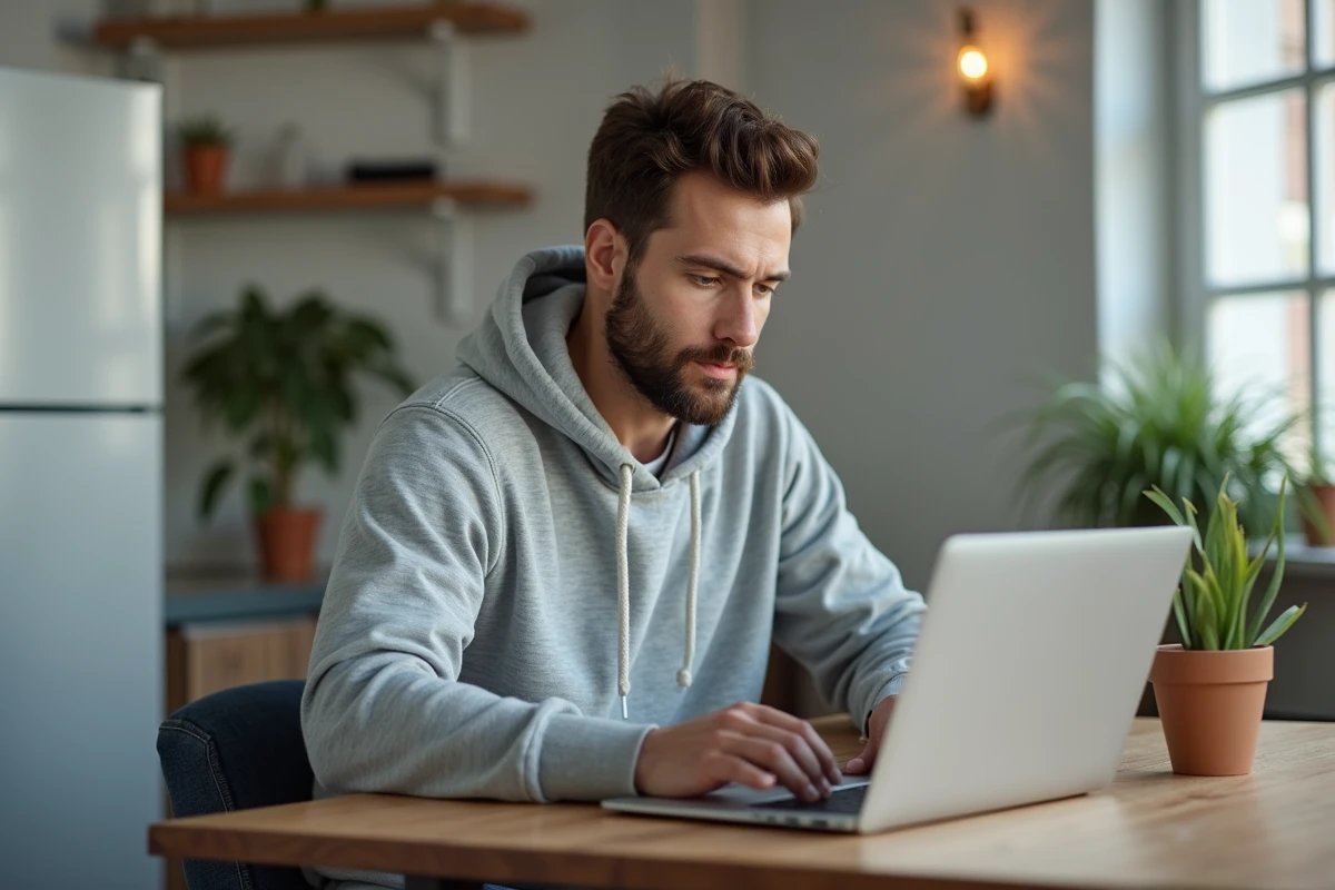 Homme en hoodie lisant des avis en ligne à la maison