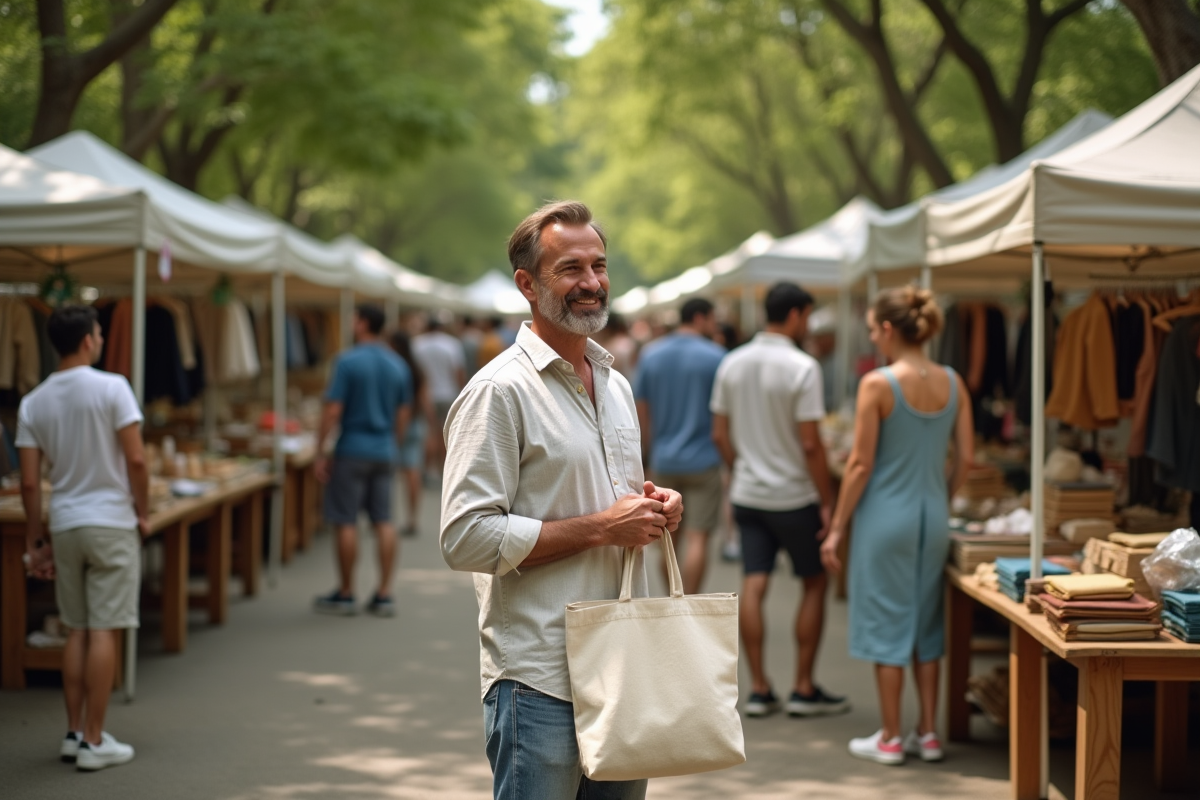 Homme avec sac réutilisable dans un marché écologique en plein air