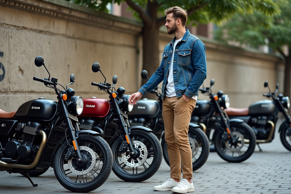 Homme en denim et chinos près de motos Dax en ville