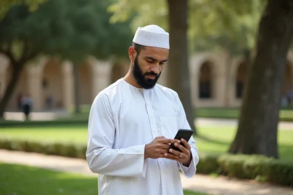 Musulman en thobe vérifiant son horaire de priere dans un parc à Béziers