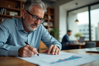 Homme d'âge moyen lisant un tableau de conversion dans un bureau moderne