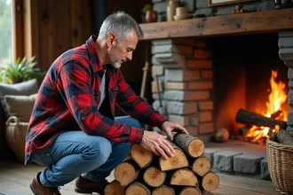 Homme d'âge moyen empilant du bois dans un salon rustique