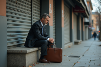Homme d'âge moyen assis seul devant un magasin fermé