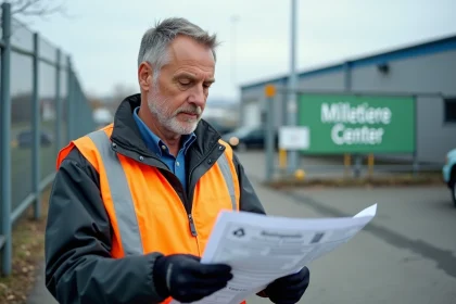 Homme en gilet haute visibilité consulte plans au centre de recyclage
