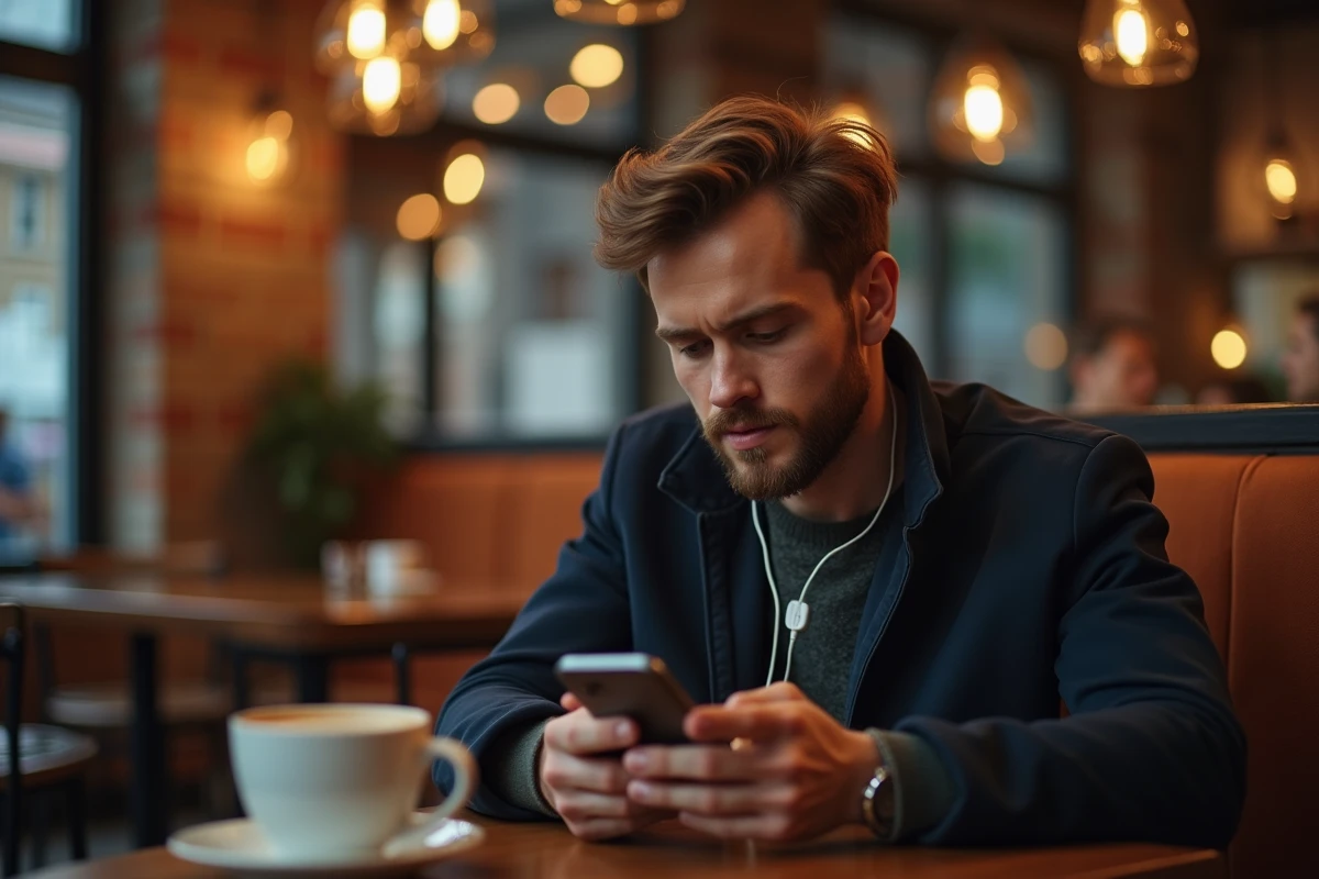 Homme consultant son smartphone de façon discrète dans un café pour trouver une alternative privée à un site de chat anonyme
