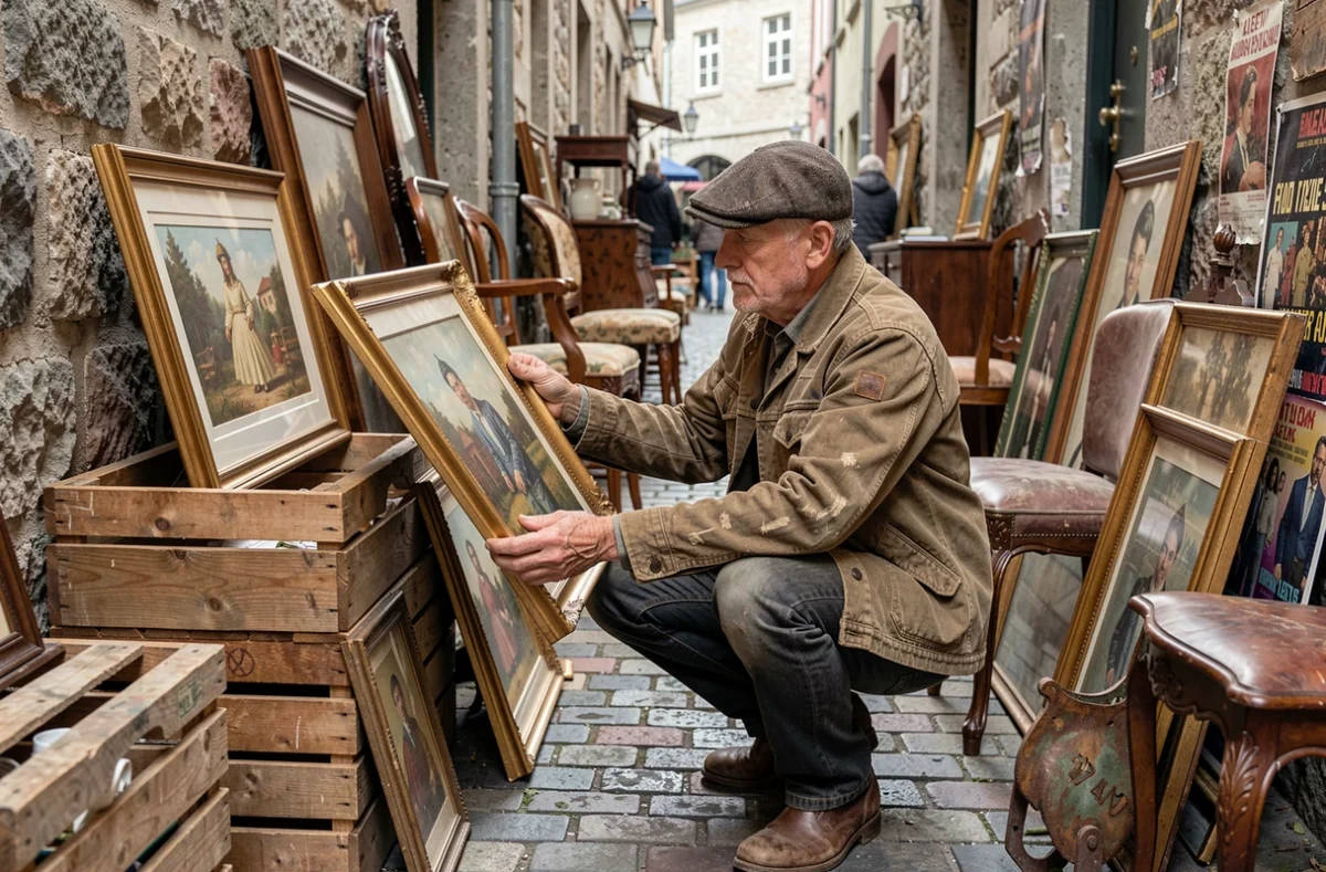 Homme inspectant un tableau ancien encadré dans une allée de brocante parmi meubles et objets de collection