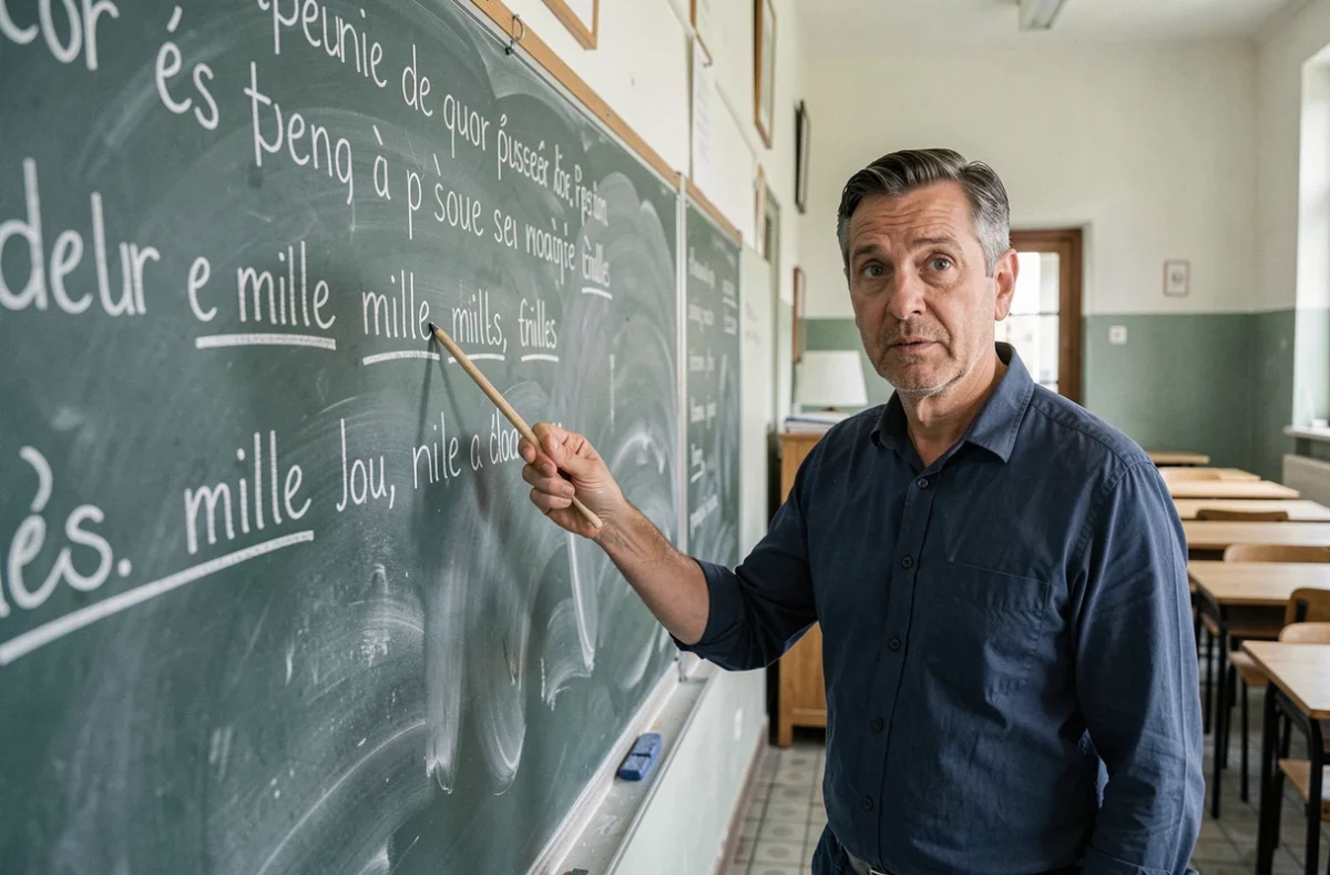 Homme devant un tableau noir avec des phrases en français illustrant l'orthographe des mots mille et milles