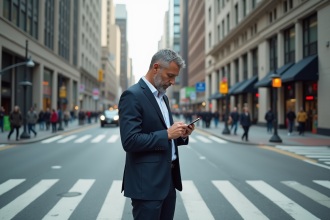 Homme d'âge moyen dans la ville vérifiant son téléphone