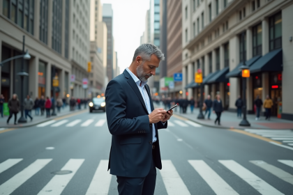 Homme d'âge moyen dans la ville vérifiant son téléphone