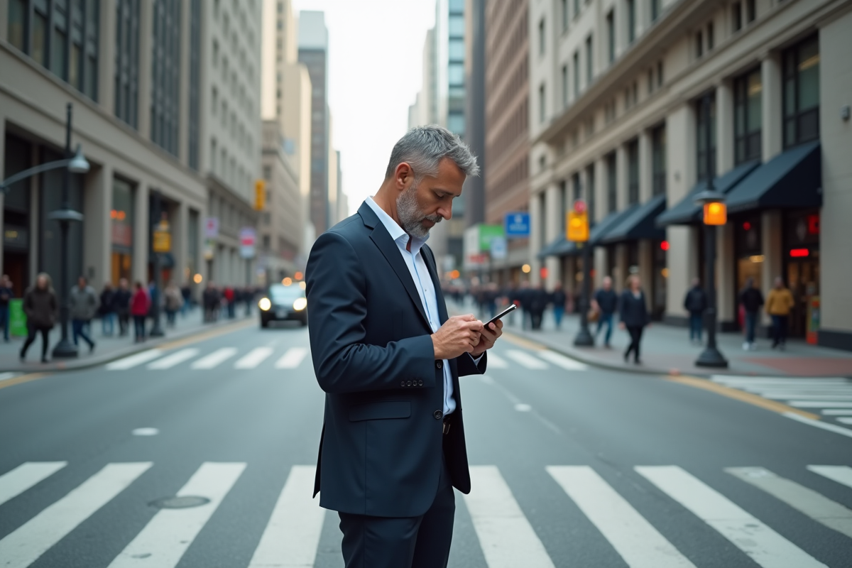 Homme d'âge moyen dans la ville vérifiant son téléphone